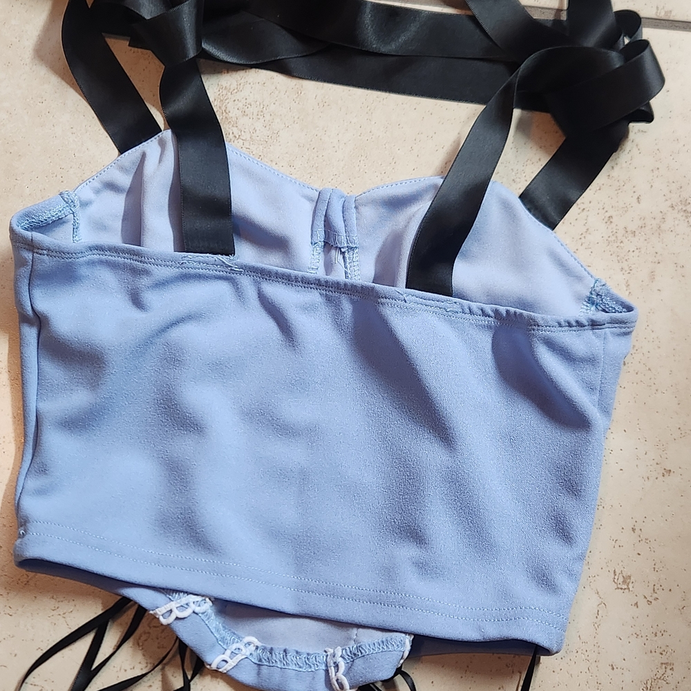 Blue Corset Top with Black Ribbon Details, Size XS - Picture 3 of 3